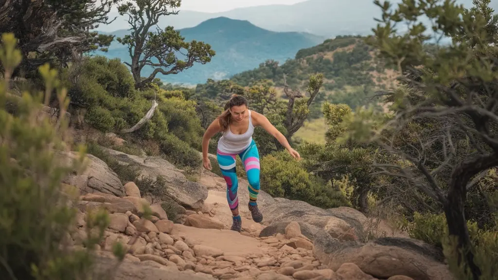 A vibrant outdoor scene featuring a woman in colorful, flexible hiking leggings, confidently navigating a rocky trail with lush greenery and distant mountains, showcasing movement and comfort in a dynamic, adventurous setting.