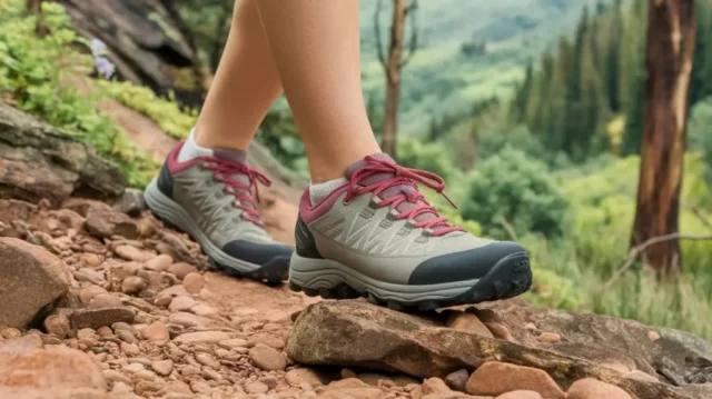 A pair of women's hiking shoes on a rocky trail, with a close-up on the reinforced toe cap. The shoes are worn by a woman hiking, surrounded by a beautiful forest landscape.