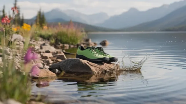 A serene lakeside scene featuring vibrant green hiking water shoes resting on a sun-drenched rock, surrounded by splashes of water, colorful wildflowers, and distant mountains reflecting in the calm water.