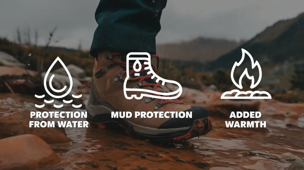 Infographic highlighting the benefits of hiking gaiters, including protection from water and debris.