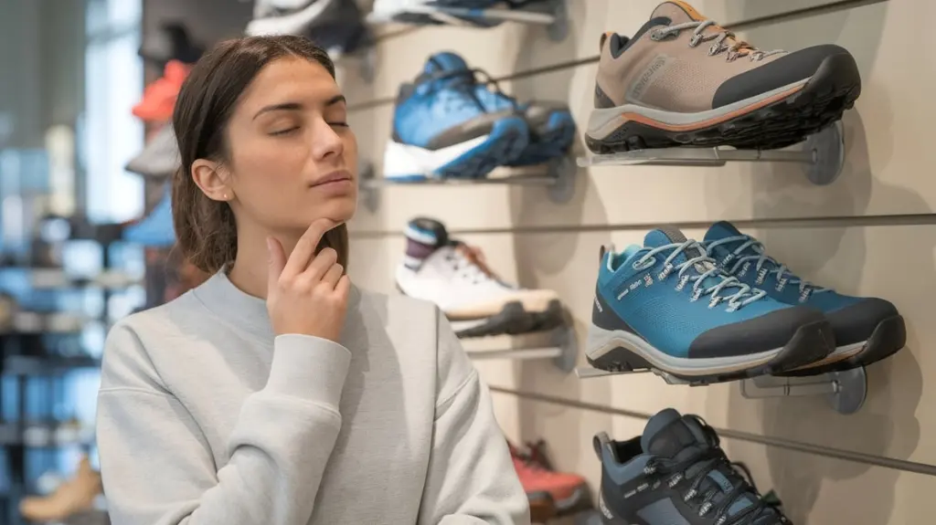 A woman trying on waterproof hiking shoes in a store, illustrating the process of choosing the right pair.