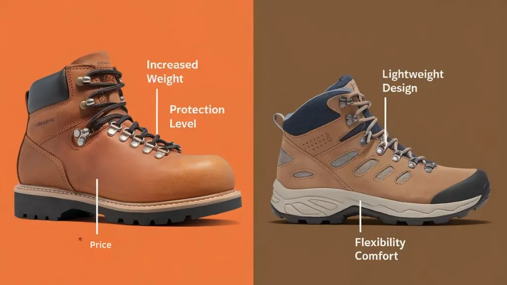 Visual comparison between steel toe hiking boots and regular hiking boots, highlighting differences in protection and weight