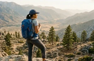 20L vs 30L Daypack Which Size You Really Need Hiker pausing at a granite overlook wearing a 22-liter day hiking daypack at golden hour