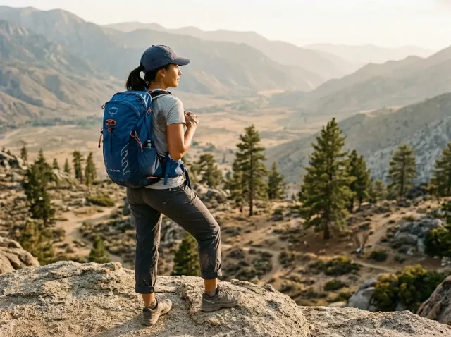 day-hiking-daypack-trail-overlook-osprey-talon-22 Hiker pausing at a granite overlook wearing a 22-liter day hiking daypack at golden hour