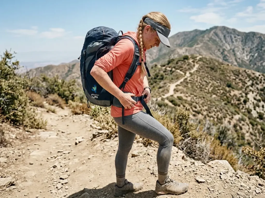 Hiker cinching the padded hip belt of a daypack worn snug and high on a sunlit switchback