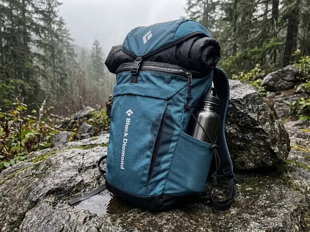 Rain beading on an overstuffed small daypack propped on wet granite, water-resistant not waterproof