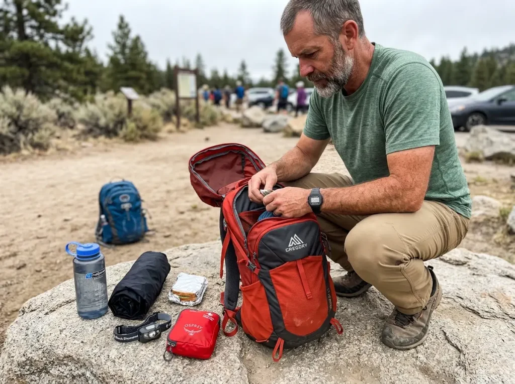 A day's gear laid beside an open 24-liter daypack on a granite slab, showing how much a daypack holds