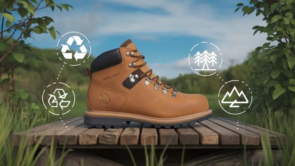 Steel toe hiking boots produced sustainably, showcasing recycled materials and eco-friendly practices in a natural setting