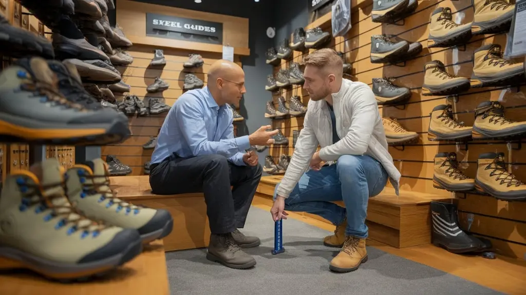 Expert advising a customer in a specialty store on choosing the right steel toe hiking boots based on their specific needs.