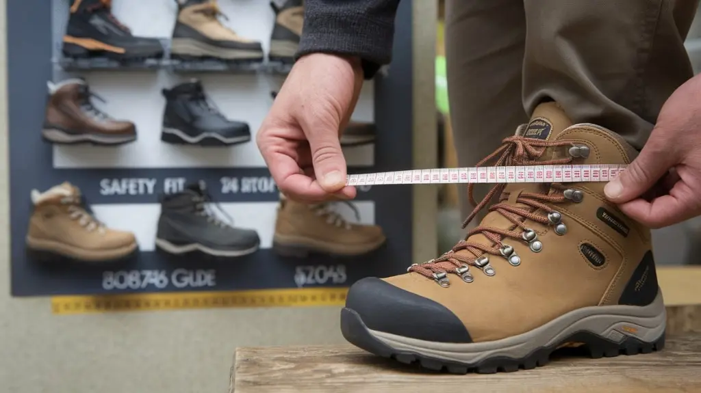 Person measuring their foot to determine the correct size for steel toe hiking boots, ensuring comfort and safety