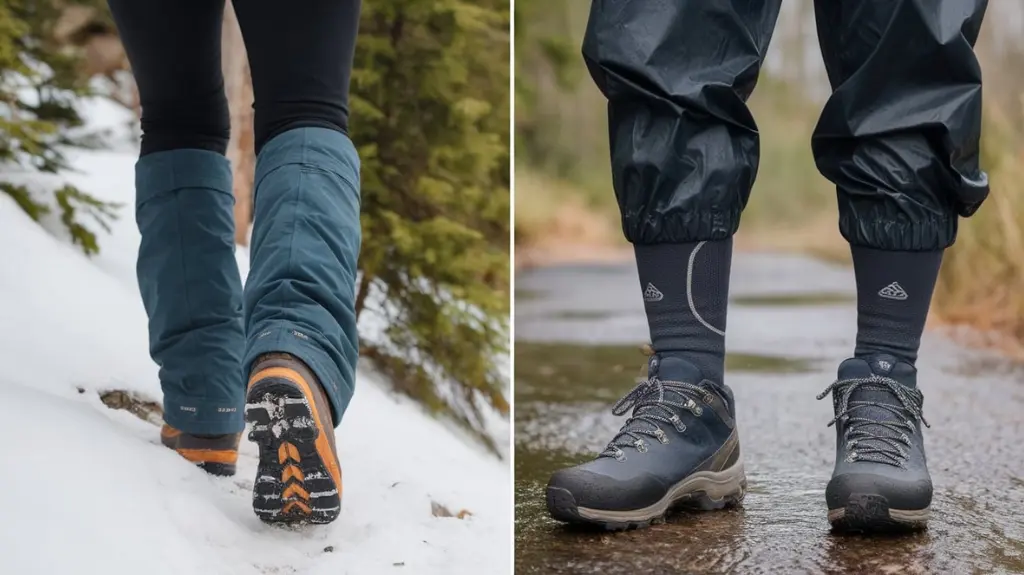 Split image comparing hiking gaiters with other protective gear, highlighting their unique benefits and uses.