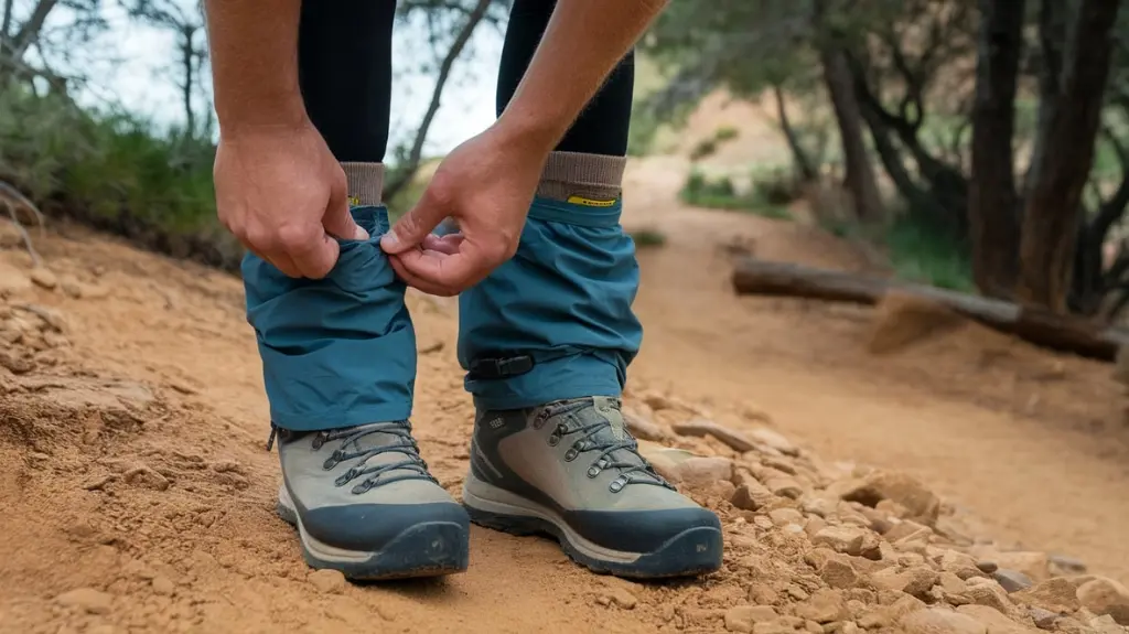 Instructional image demonstrating how to properly wear and adjust hiking gaiters for optimal protection.