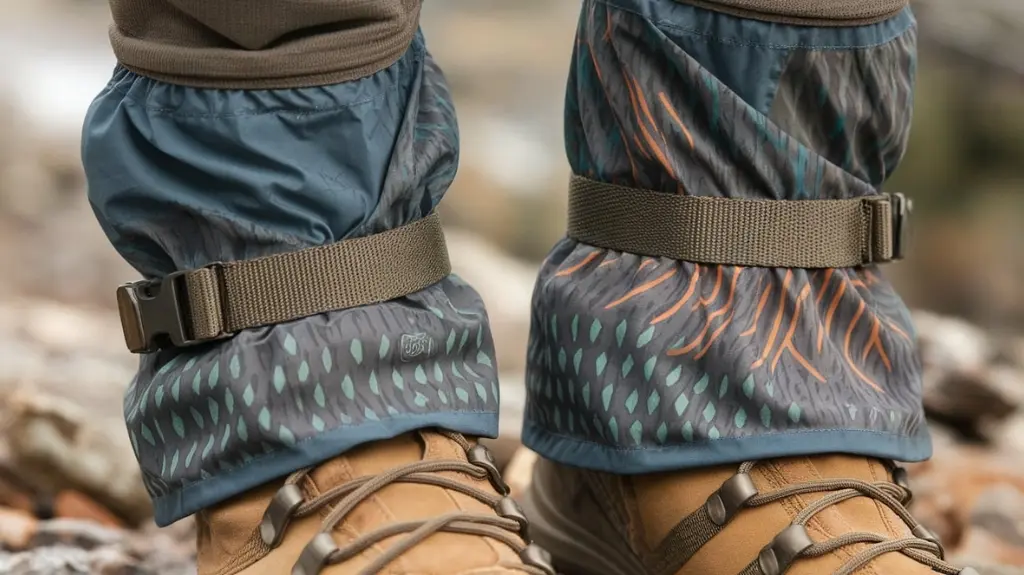 Close-up of hiking gaiters showcasing key features like adjustable straps and breathable fabric.