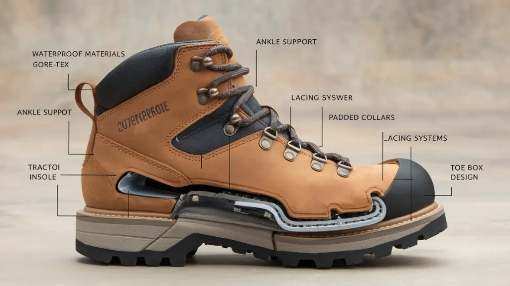 Disassembled steel toe hiking boot showing key features like waterproof materials, ankle support, and traction sole design