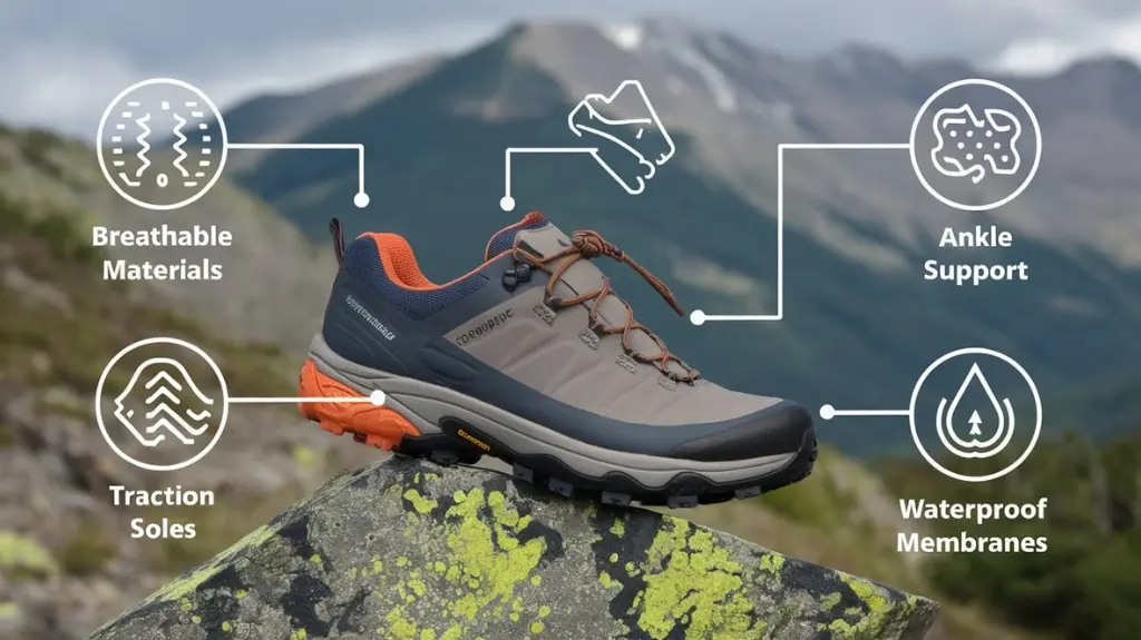 Infographic showing key features of waterproof hiking shoes, including breathability, traction, and support.