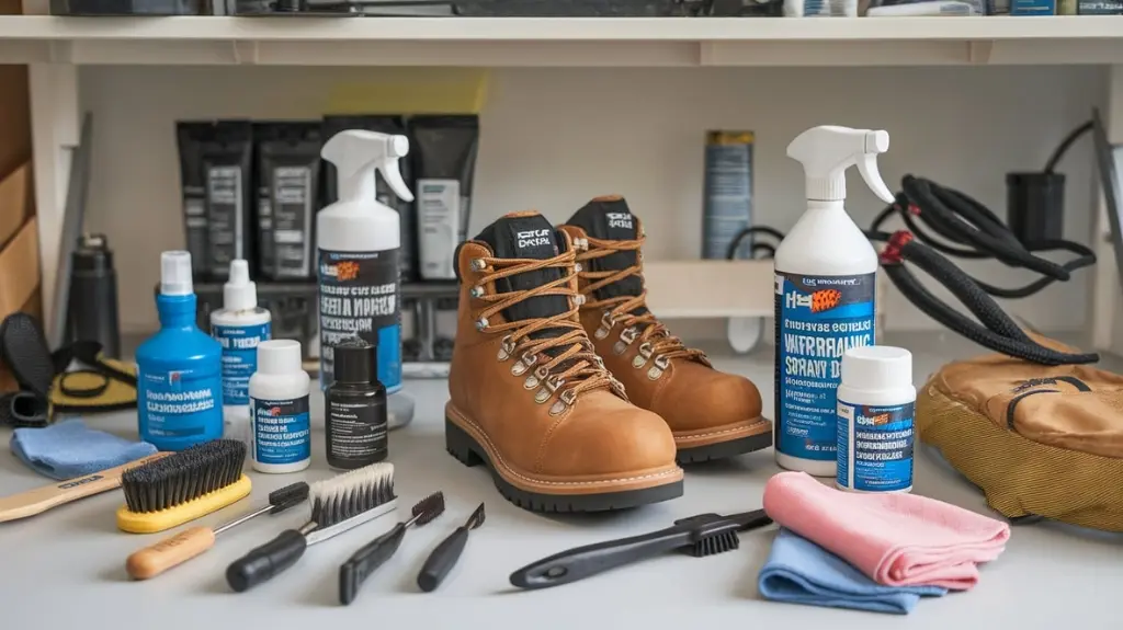 Tools and cleaning products for maintaining steel toe hiking boots, including brushes and waterproofing sprays