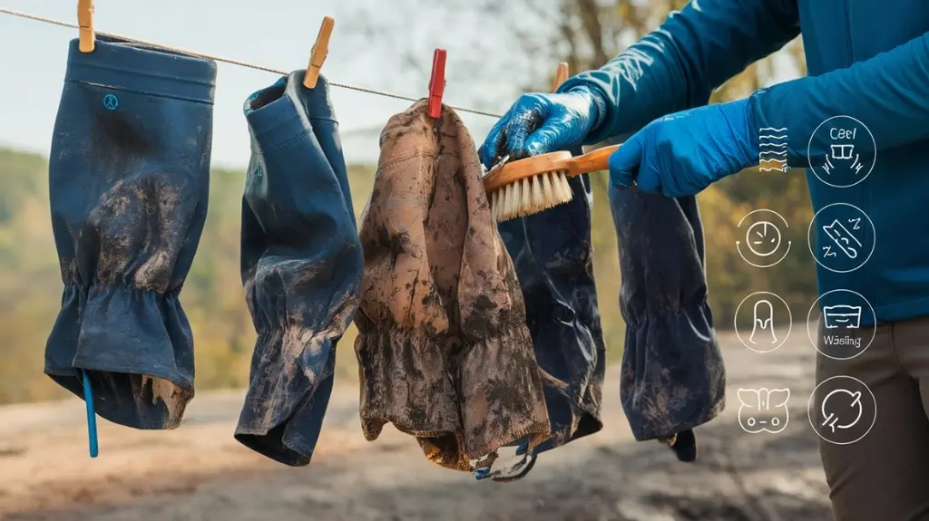 Image of a person cleaning hiking gaiters, illustrating maintenance and care tips for longevity.