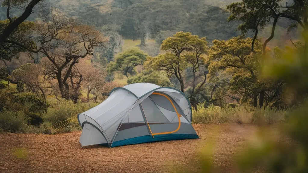 Two-person backpacking tent set up in a forest, showcasing a lightweight design with rainfly and ventilation windows for outdoor adventures