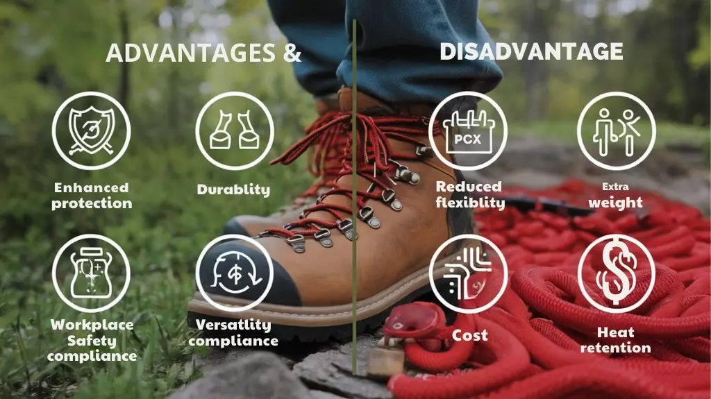 Comparative table of advantages and disadvantages of using steel toe hiking boots, highlighting protection and durability against weight and cost.