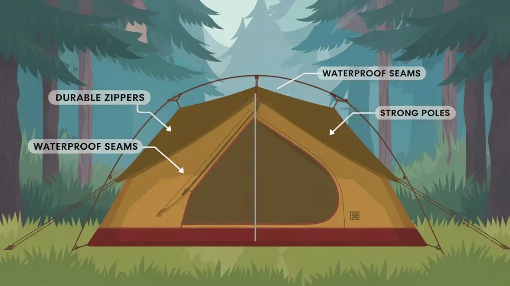 Diagram of a high-quality 2-person backpacking tent highlighting essential features like waterproof seams and strong poles