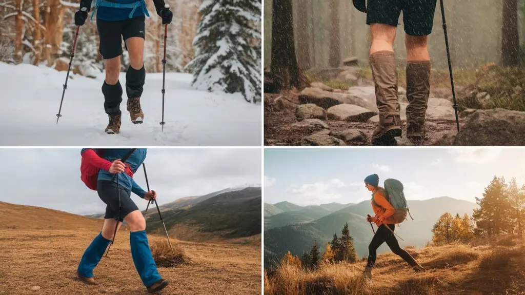 Collage of hikers wearing gaiters in different seasons, illustrating seasonal considerations for gaiter use.