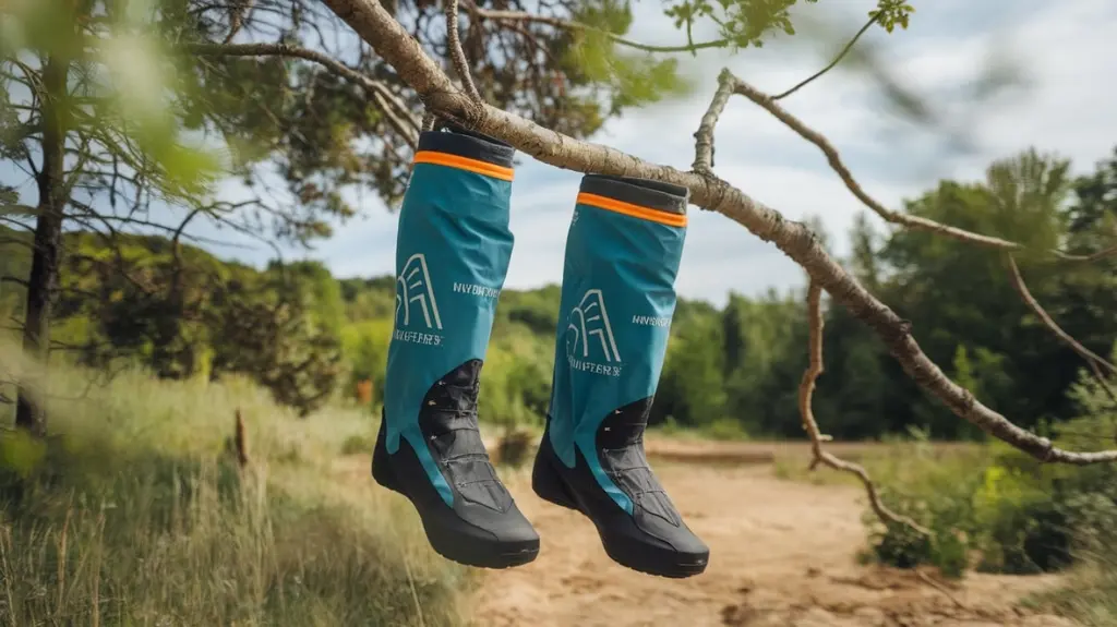 Eco-friendly hiking gaiters displayed in nature, emphasizing sustainability and environmental impact in outdoor gear.