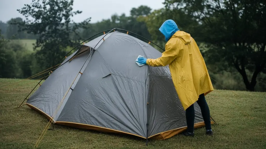 Proper care and maintenance of a 2-person backpacking tent being cleaned and stored to extend its lifespan.