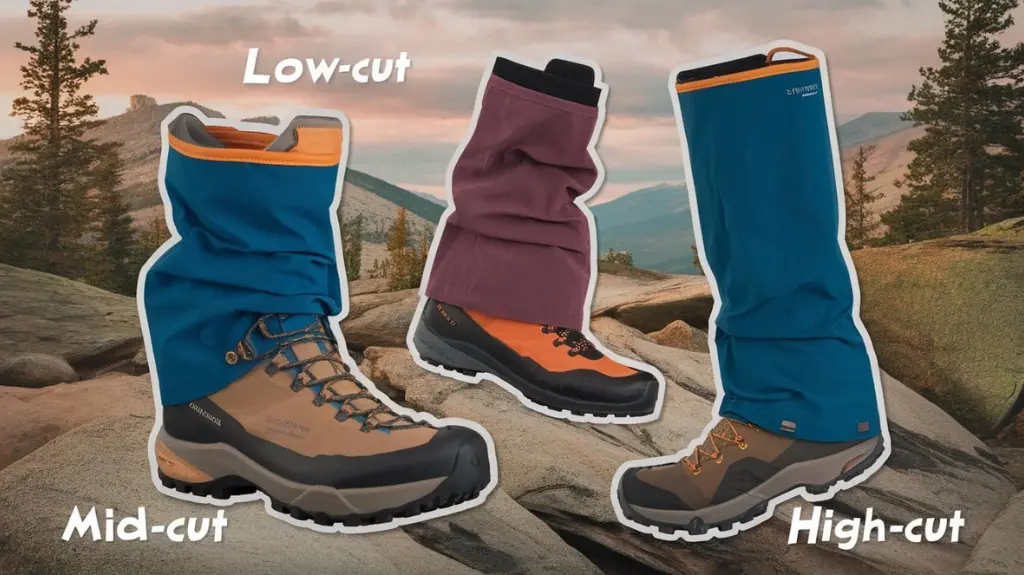 Collage of various types of hiking gaiters, including low-cut, mid-cut, and high-cut options for different activities.