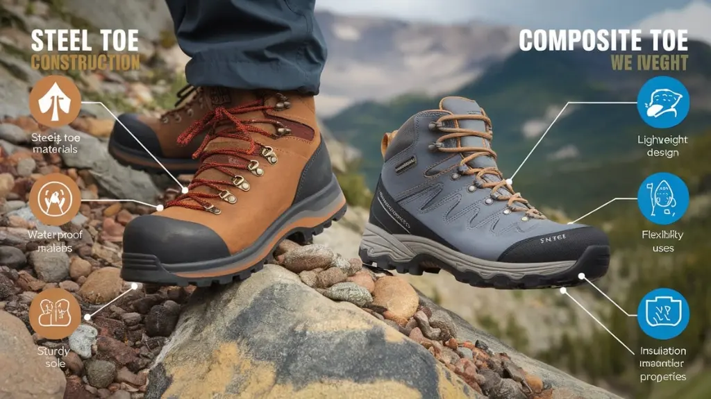 Infographic comparing steel toe and composite toe hiking boots, highlighting differences in protection, weight, and flexibility.