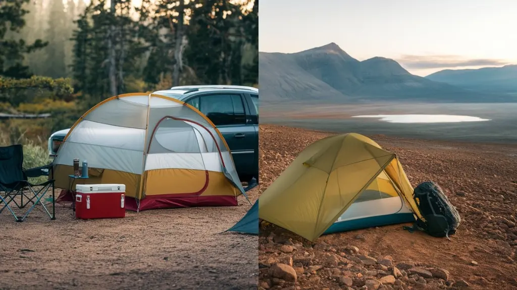 Versatile 2-person tent set up for both backpacking in remote wilderness and car camping at a campsite.