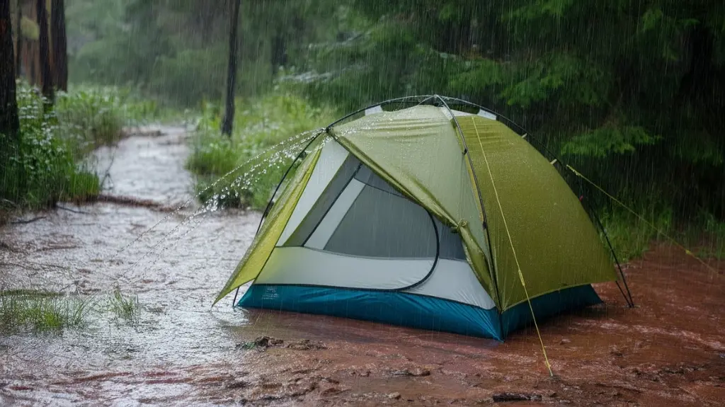 2-person backpacking tent in heavy rain with a rainfly, showcasing its waterproof protection and security.