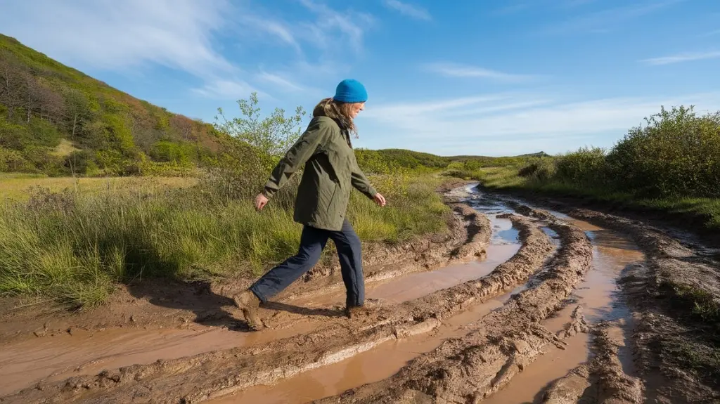 A hiker wearing waterproof hiking shoes on a muddy trail, highlighting the benefits of waterproof footwear for outdoor adventures.