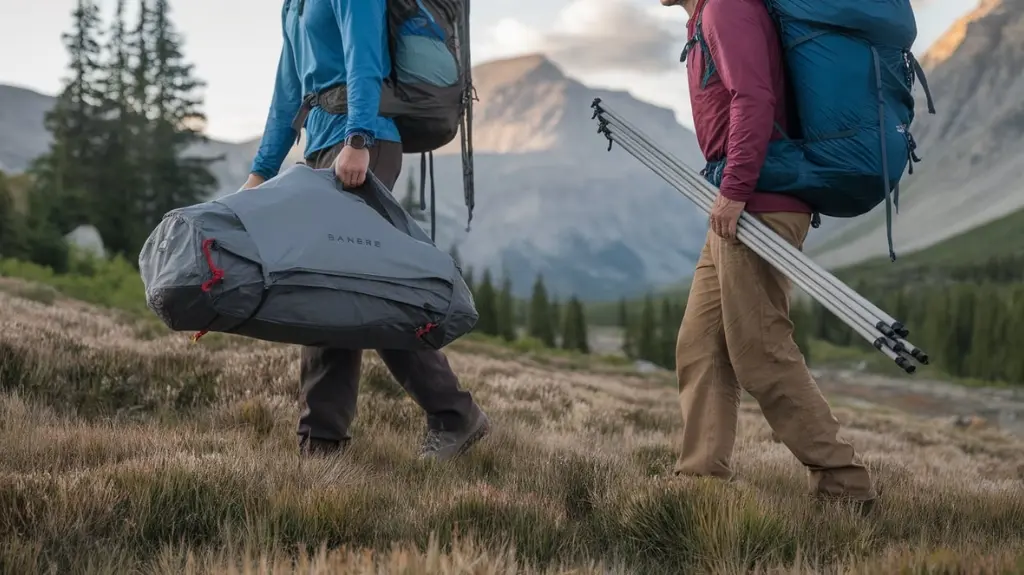 Two hikers sharing the weight of a two-person backpacking tent, illustrating the importance of light gear for comfortable hiking