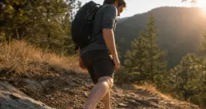 Barefoot Hiking Shoes Buying Guide for Real Trail Hiker in barefoot hiking shoes stepping down a rocky trail section