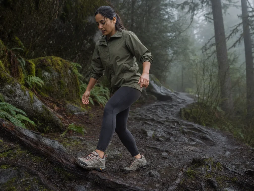 Woman in waterproof hiking shoes stepping across a wet muddy trail on an overcast morning