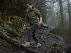 Best Women’s Waterproof Shoes (And When to Skip Them) Woman in waterproof hiking shoes stepping across a wet muddy trail on an overcast morning