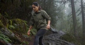 Best Women’s Waterproof Shoes (And When to Skip Them) Woman in waterproof hiking shoes stepping across a wet muddy trail on an overcast morning