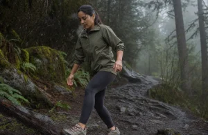 Best Women’s Waterproof Shoes (And When to Skip Them) Woman in waterproof hiking shoes stepping across a wet muddy trail on an overcast morning