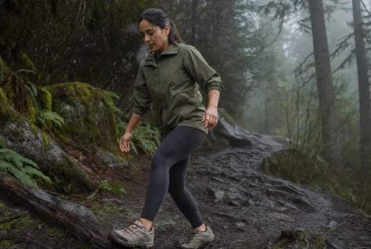 Best Women’s Waterproof Shoes (And When to Skip Them) Woman in waterproof hiking shoes stepping across a wet muddy trail on an overcast morning