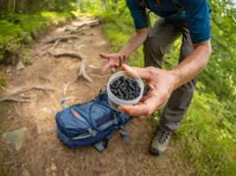 A hiker on a trail holding activated charcoal pellets, demonstrating its role as a multi-tool for activated charcoal camping.