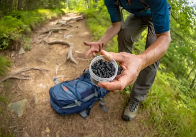 A hiker on a trail holding activated charcoal pellets, demonstrating its role as a multi-tool for activated charcoal camping.