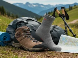 High-quality trekking socks on hiking boots with outdoor gear, ready for adventure.