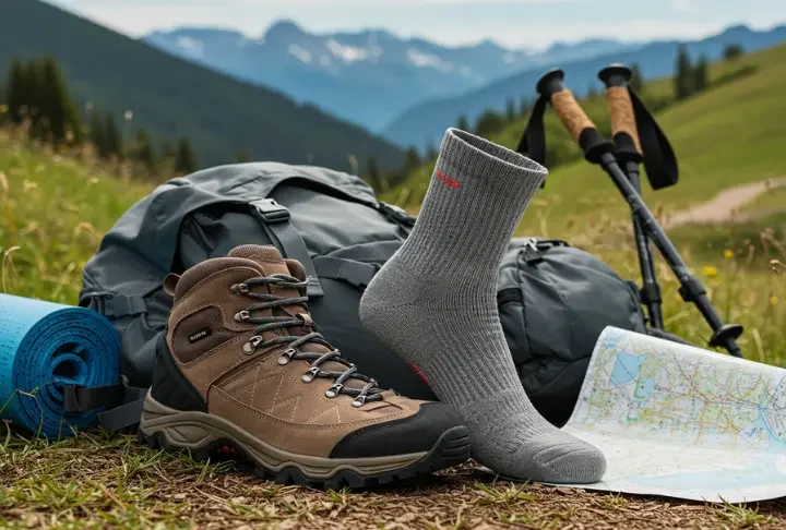 High-quality trekking socks on hiking boots with outdoor gear, ready for adventure.