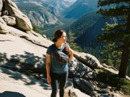 A hiker wearing a chest bag pauses on a sunny, rocky trail to look out at a mountain valley view.