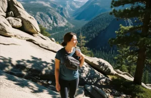 2025 Chest Bag With Bladder Guide: Field-Tested for Hikers A hiker wearing a chest bag pauses on a sunny, rocky trail to look out at a mountain valley view.