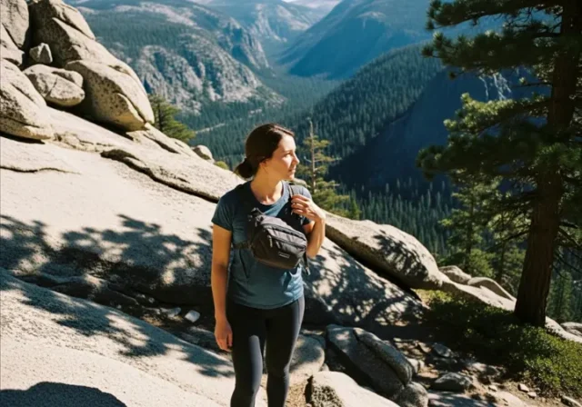 A hiker wearing a chest bag pauses on a sunny, rocky trail to look out at a mountain valley view.