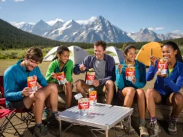 Diverse hikers enjoying Good To-Go gluten-free, vegan, and nut-free meals at a backcountry campsite, highlighting safe and enjoyable trail food.