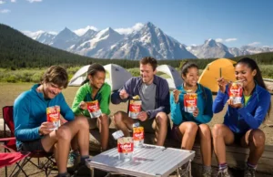 Good To-Go: Gluten-Free, Vegan & Nut-Free Meal List Diverse hikers enjoying Good To-Go gluten-free, vegan, and nut-free meals at a backcountry campsite, highlighting safe and enjoyable trail food.