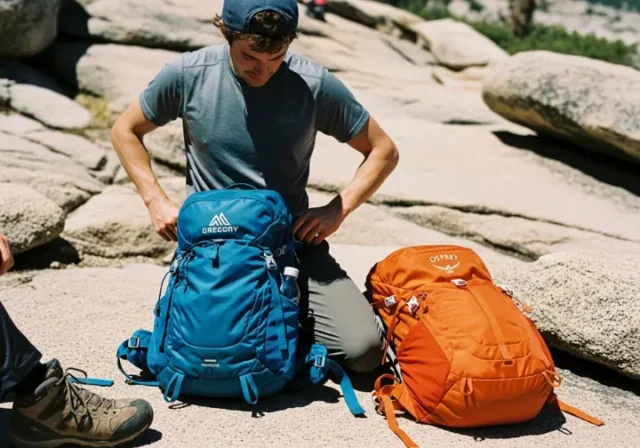 A hiker pauses on a sunny, rocky trail to adjust the hipbelt of their Gregory backpack, with an Osprey pack resting on the ground nearby.