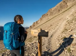 A confident female hiker wearing a modern CamelBak backpack stands at a trailhead looking towards a challenging mountain path, ready for a difficult hike.
